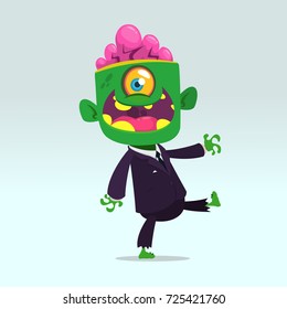 Vector cartoon funny green zombie with big head in business suit isolated on a light gray background. Halloween vector illustration.