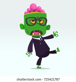 Vector cartoon funny green zombie with big head in business suit isolated on a light gray background. Halloween vector illustration.