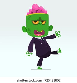 Vector cartoon funny green zombie with big head isolated on a light gray background. Halloween vector illustration.