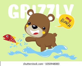 vector cartoon of funny grizzly bear try to catch a fish