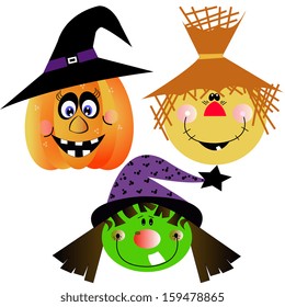 Vector Cartoon Funny Halloween Pumpkin, Witch And Scarecrow Faces