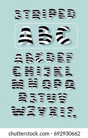 Vector cartoon funny hand drawn Black striped retro style graphic font, vector alphabet, trendy letters design. Best for use at retro style posters and graphic designs.