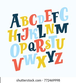 Caricatura vectorial graciosa barranca linda lata inclinada ABC de diferente color. Tipo de letra a la moda. Cartas latinas de A a Z y números de. Typeface para carteles, diseño, tarjetas, agregar.