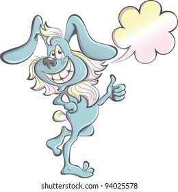 vector cartoon funny happy blue rabbit smiles broadly, showing thumbs up sign, standing on one leg and says something, isolated on white background