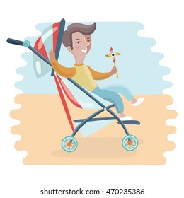 Vector cartoon funny happy boy in stroller.