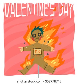 Vector cartoon funny Happy Valentine's day flat greeting card. For game presentation, user interface tablet, smart phone. With ex boyfriend.