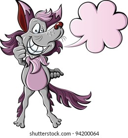 vector cartoon funny happy wolf smiles broadly, showing thumbs up sign and says something, isolated on white background