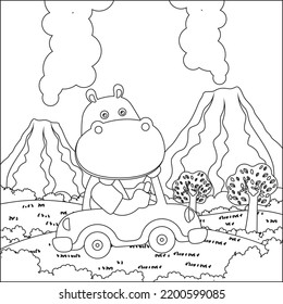 Caricatura vectorial del divertido auto que conduce un hipopótamo en la jungla. Ilustración vectorial aislada de dibujos animados, Diseño infantil vector creativo para la actividad infantil libro o página de coloración.