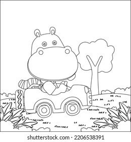 Vector cartoon of funny hippo driving car in the junggle. Cartoon isolated vector illustration, Creative vector Childish design for kids activity colouring book or page.