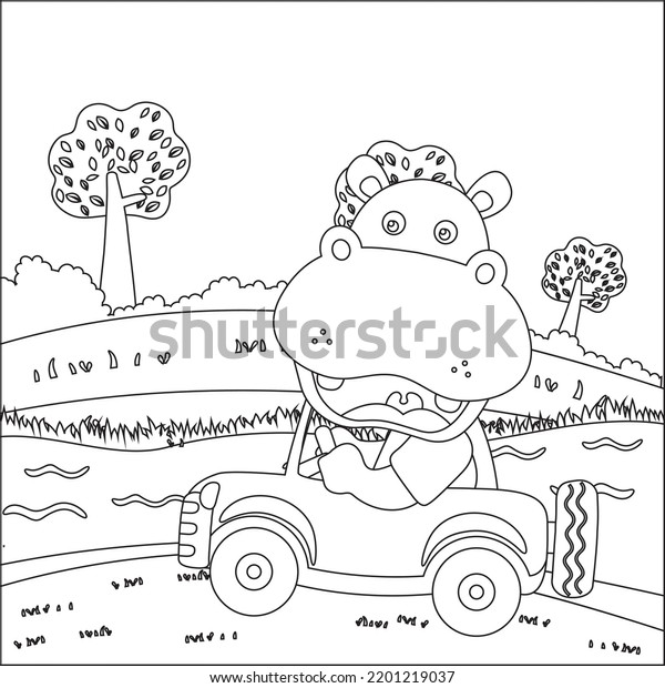 Vector cartoon of funny\
hippo driving car in the junggle. Cartoon isolated vector\
illustration, Creative vector Childish design for kids activity\
colouring book or page.