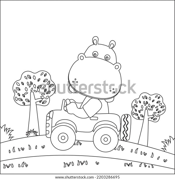 Vector cartoon of funny\
hippo driving car in the junggle. Cartoon isolated vector\
illustration, Creative vector Childish design for kids activity\
colouring book or page.