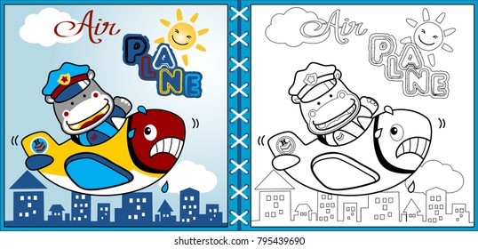 vector cartoon of funny hippo on funny airplane fly across building, coloring page or book