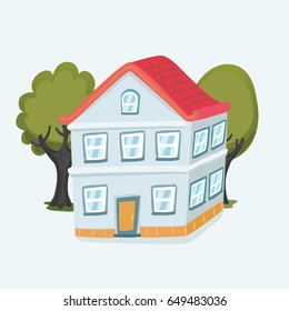 Vector cartoon funny house and trees on white background. Isolated object
