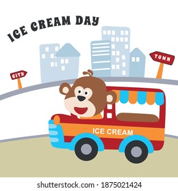 Vector cartoon of funny ice cream seller with car. Creative vector childish background for fabric, textile, nursery wallpaper, poster, card, brochure. and other decoration.