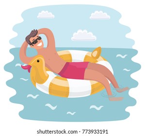 Vector cartoon funny illuatratiion of Young man in sunglasses resting on floating inflatable ring. Young man floating on inflatable ring, enjoying summer vacation