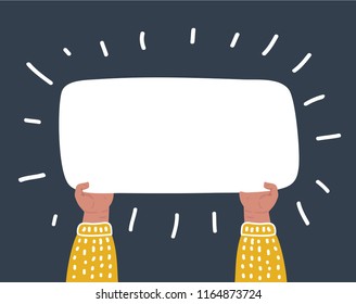 Vector cartoon funny illustraation of Hands holding big blank paper on dark background.