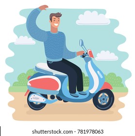Vector cartoon funny illustraion of man riding on scooter on summer park landscape background