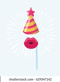 Vector cartoon funny illustratino of birthday party hat and blowing a kiss on a stick. Party decoration for photo, birthday mask