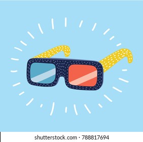 Vector cartoon funny illustration of 3d glasses on blue background. Colorful graphic concept in modern style.