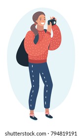 Vector cartoon funny illustration of active tourist. Young woman with backpack taking photo using camera. Colorful character on white isolated background. Vector cartoon funny illustration of active tourist. Young woman with backpack taking photo using camera. Colorful character on white isolated background.