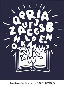 Vector cartoon funny illustration of Book with flying letters, Education template design element on dark background.