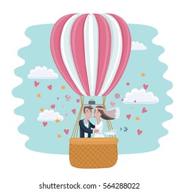 Vector cartoon funny illustration of the bride and groom kissing in a hot air balloon in the sky and clouds