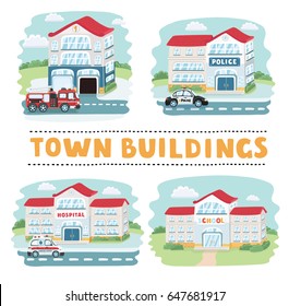 Vector cartoon funny illustration of buildings including hospital, school, police station and fire station on summertime nature background