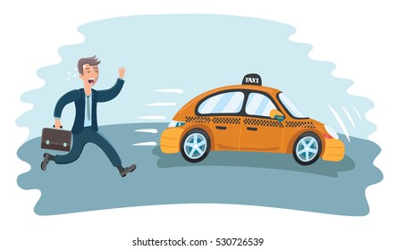 Vector cartoon funny illustration of businessman in a hurry for the departing taxi car.