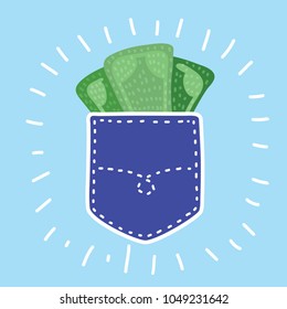 Vector cartoon funny illustration of Careless put Money in jeans pocket. Financial Loss Concept.