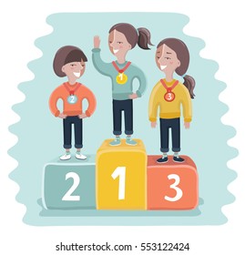 Vector cartoon funny illustration of ceremony of awarding medals. Three little girl athletes on the pedestal. 
