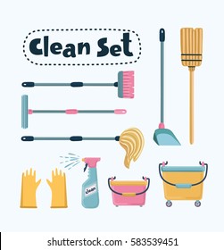 Vector Cartoon Funny Illustration Of Cleaning Set. Mop, Shovel, Broom, Bucket Floor,  Pulverize, Rubber Gloves, Brush Long-handled. Isolated Object