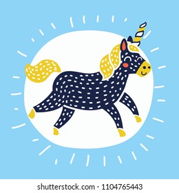 Vector cartoon funny illustration of colorful runing unicorn on blue background.