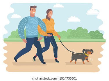 Vector cartoon funny illustration of couple walking with dog in the park. Summer landscape background.