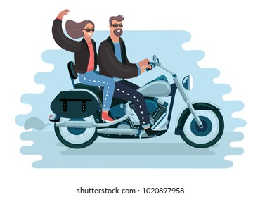Vector cartoon funny illustration of couple travel by motorbike. Man and woman ride on motorcycle. Motorcyclicts, biker