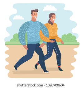 Vector cartoon funny illustration of couple walking in the park.