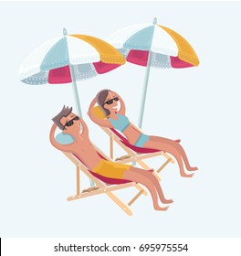 Vector cartoon funny illustration of couple sitting on the deck chairs at the sea under umbrellas Love or vacation concept. Isolated characters on white background