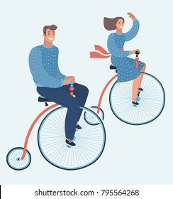 Vector cartoon funny illustration of couple ride on vintage bike. Happy young man and woman characters couple riding Penny farthing bicycle isolated. Young hipsters couple on bike laughing happily.