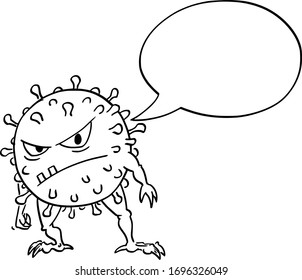 Vector cartoon funny illustration of funny crazy coronavirus COVID-19 virus monster with empty speech bubble saying something.