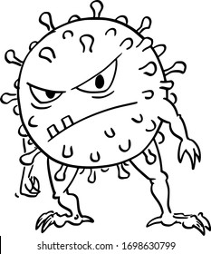 Vector cartoon funny illustration of funny crazy coronavirus COVID-19 virus monster.