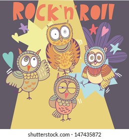 Vector cartoon funny illustration with cute owls "Rock 'n' roll".