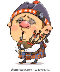 Caricatura vectorial. Una graciosa ilustración de un lindo piper británico vestido con traje nacional con un instrumento musical.