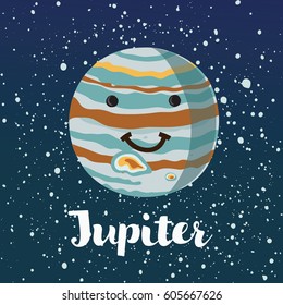 Vector cartoon funny illustration of cute smiling planet Jupiter in retro flat cartoon style. Poster for children room, education. Jupiter card composition on dark space stars sky background