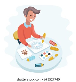 Vector cartoon funny illustration of cute happy boy painting with paint on the table. Accessories for painting on table