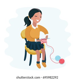 Vector cartoon funny illustration of cute knitting girl On white background