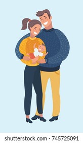 Vector cartoon funny illustration of cute cartoon illustration of a happy young family with their son. Characters on white background.