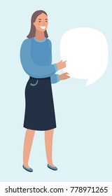 Vector cartoon funny illustration of cute Girl hold Speech bubble banner. Modern character on isolated bakckround.