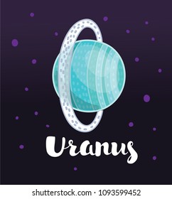 Vector cartoon funny illustration of dark colored space background stary with Planet uranus on dark background. Hand drawn lettering name.
