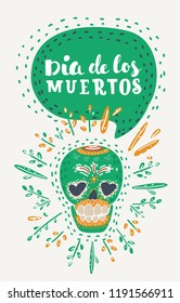 Vector cartoon funny illustration of Day of the dead vector illustration with sugar skull. Hand sketched lettering 'Dia de los Muertos' (Day of the Dead) for postcard or celebration design.