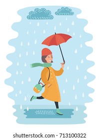 Vector cartoon funny illustration of fall girl wearing in coat walking on the street and puddle in the rain with umbrella. Rainy and wind weather.