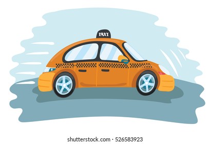 Vector cartoon funny illustration of fast taxi. Moving car